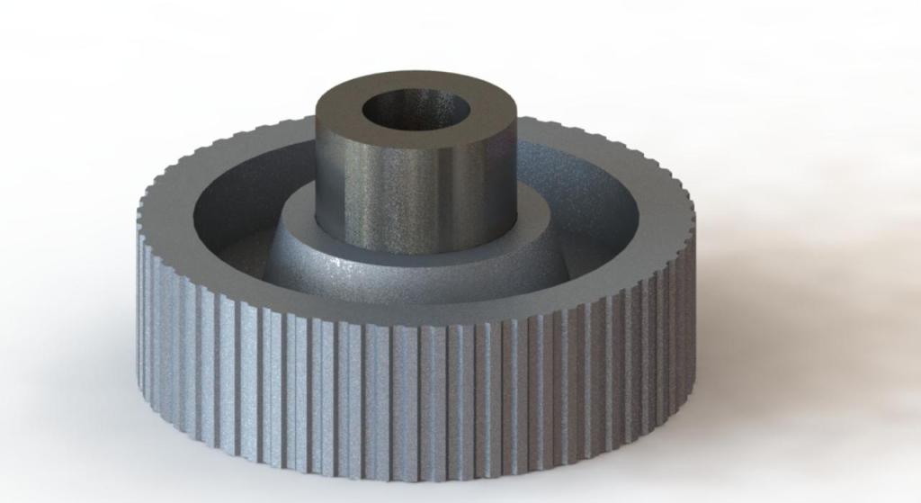 3D rendering of a mechanical component with a cylindrical center and ridged outer surface.
